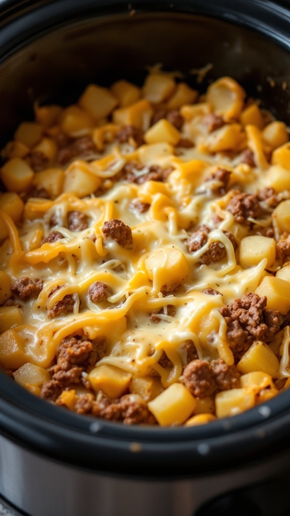 A delicious beef and potato casserole in a slow cooker.