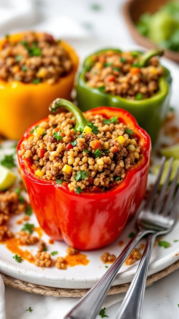 Three colorful stuffed peppers filled with beef and quinoa.