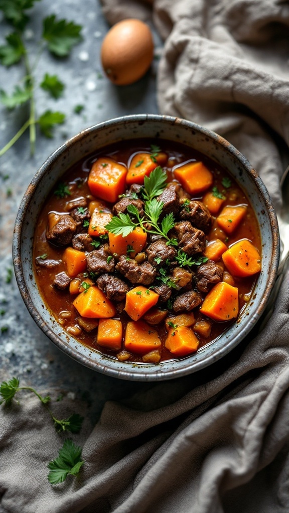 A bowl of beef and sweet potato stew with pieces of beef and orange sweet potato cubes, garnished with fresh herbs.