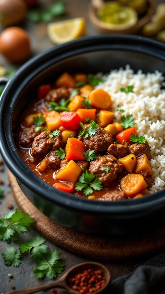 A slow cooker filled with beef and vegetable curry served with rice and garnished with fresh herbs.