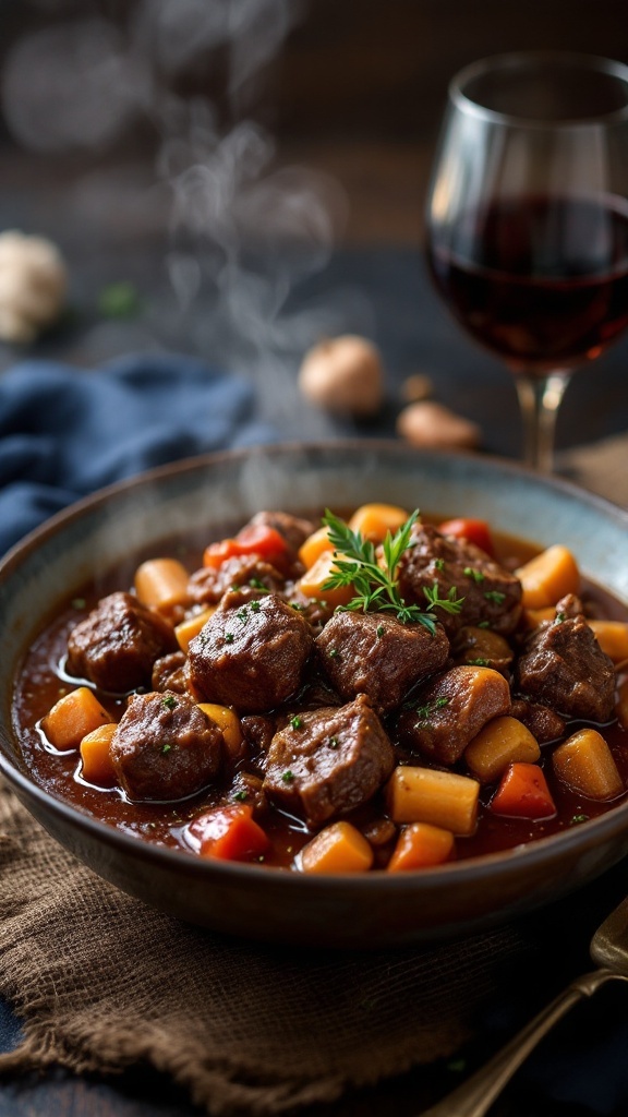 A bowl of Beef Bourguignon with tender beef, vegetables, and a glass of red wine beside it.