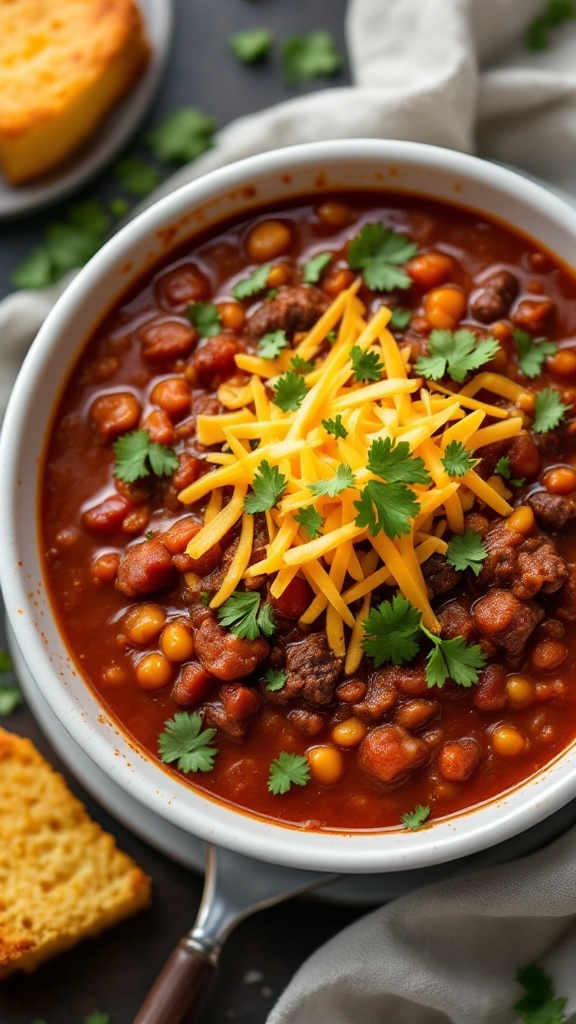 A bowl of beef chili with beans, topped with cheese and cilantro, alongside a piece of cornbread.