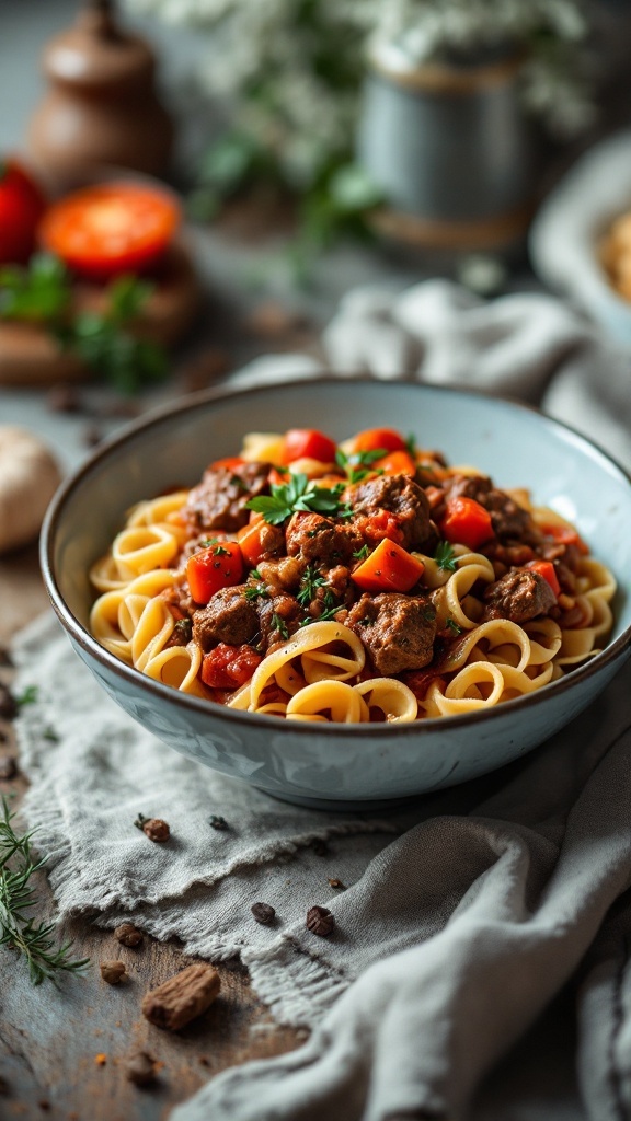 A bowl of beef goulash with noodles and vegetables, garnished with fresh herbs.