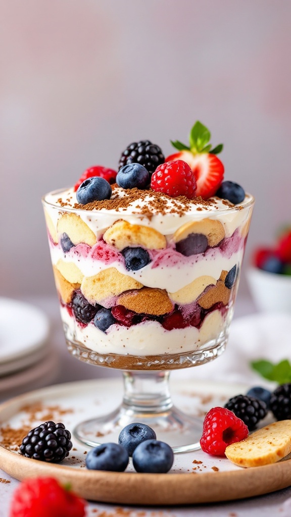 A glass cup filled with layers of mascarpone cream, coffee-soaked ladyfingers, and fresh berries on top