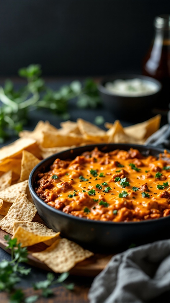 A bowl of Buffalo Beef Dip topped with cheese and garnished with parsley, surrounded by tortilla chips.