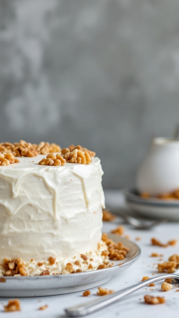 A beautifully frosted carrot cake topped with walnuts on a plate.