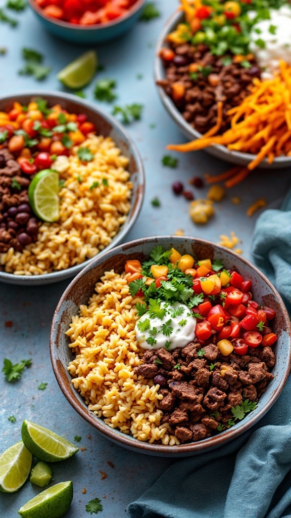 Colorful chipotle beef burrito bowls with rice, black beans, fresh vegetables, and lime on a blue background.