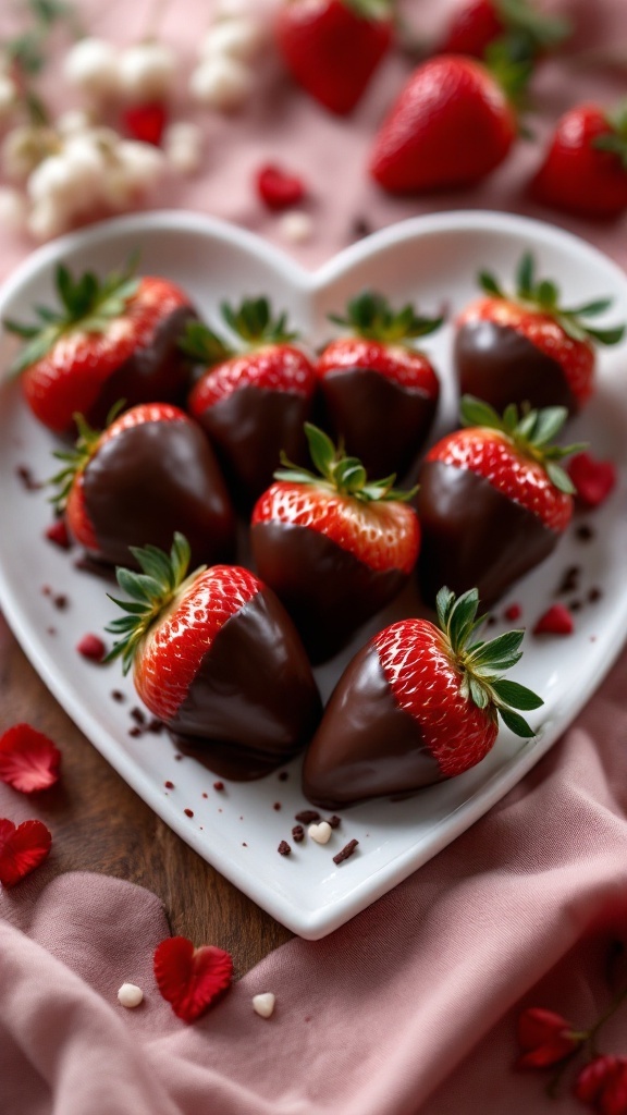 A heart-shaped plate with chocolate-covered strawberries, surrounded by fresh strawberries and rose petals.