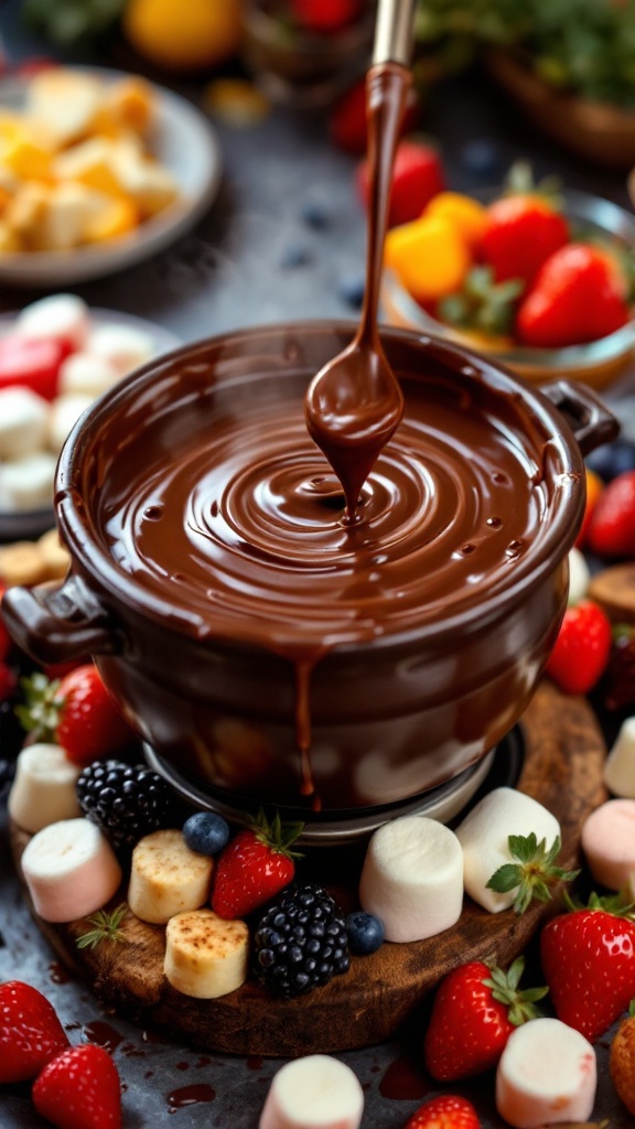 A pot of melted chocolate fondue surrounded by fresh fruits and marshmallows