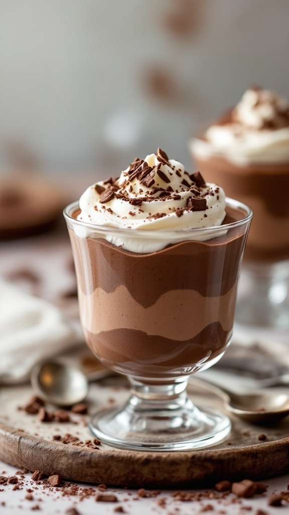 Chocolate mousse in glass cups topped with whipped cream and chocolate shavings