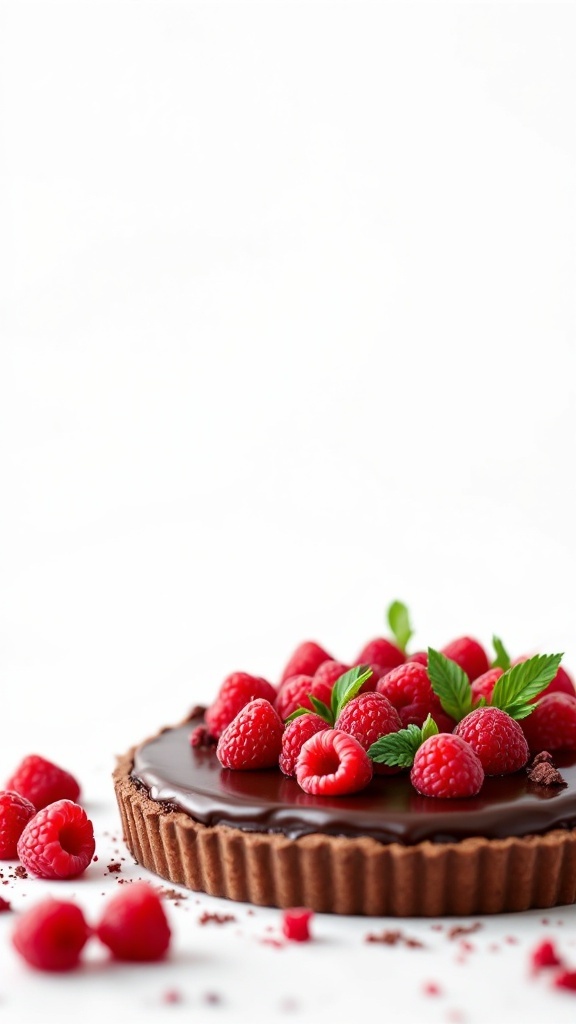 A chocolate tart topped with fresh raspberries and mint leaves