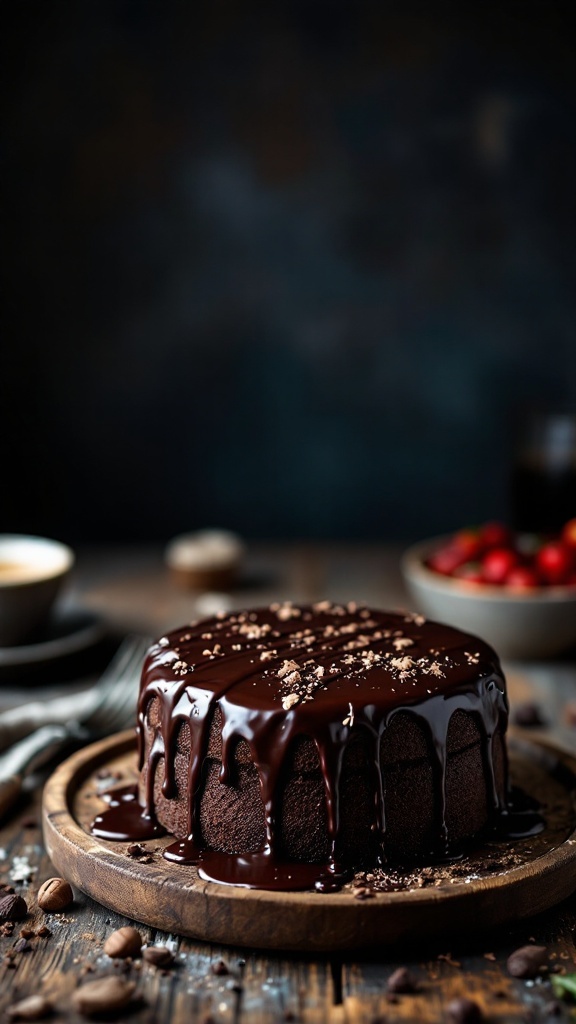 A rich chocolate stout cake with a glossy chocolate glaze, sitting on a wooden plate, surrounded by coffee beans and fresh berries.