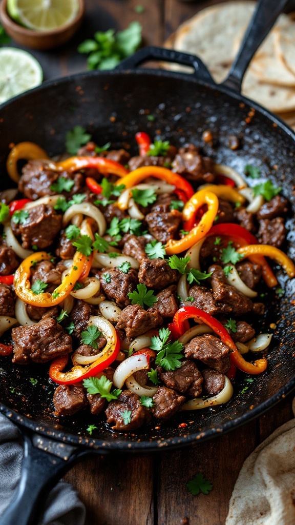 A skillet filled with cilantro lime beef fajitas, featuring colorful bell peppers and onions, garnished with fresh cilantro.