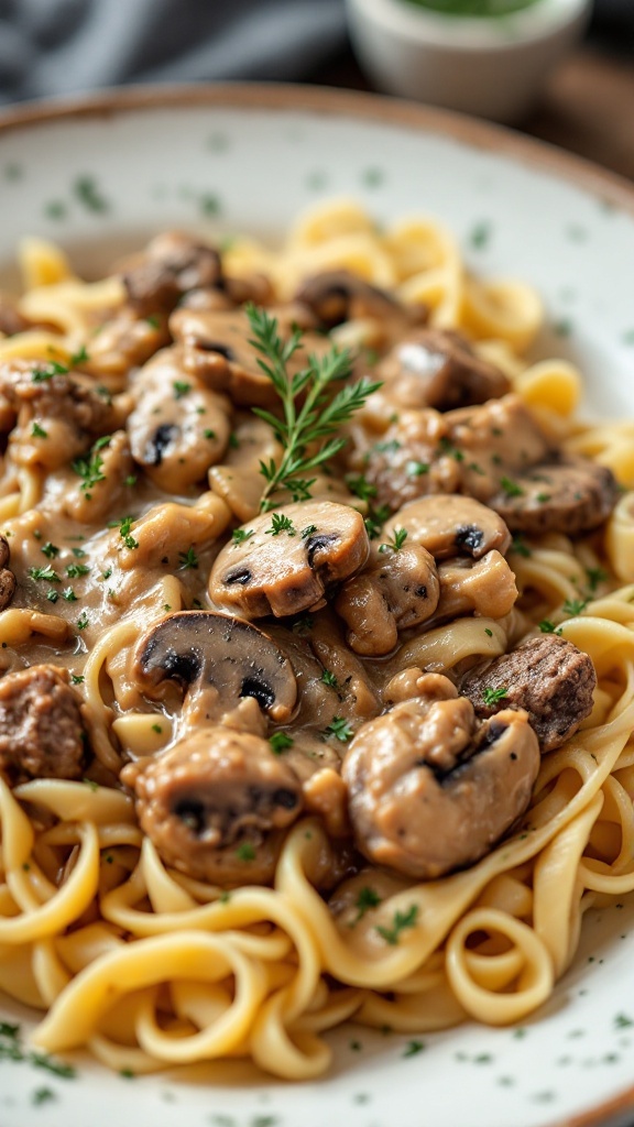 Plate of beef stroganoff with mushrooms over noodles, garnished with herbs.