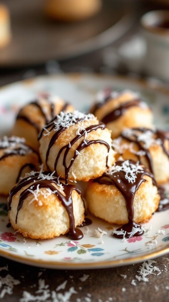 Coconut macaroons with dark chocolate drizzle on a floral plate.