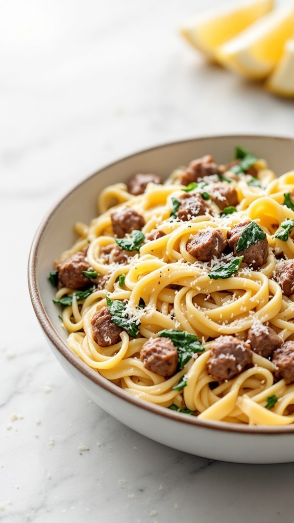 A delicious bowl of creamy beef and spinach pasta