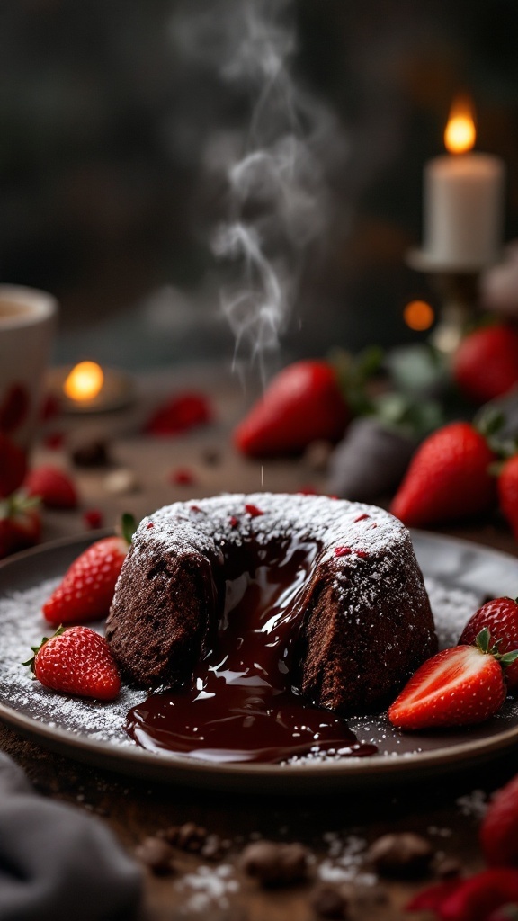 A chocolate lava cake with a gooey center, garnished with strawberries and powdered sugar.