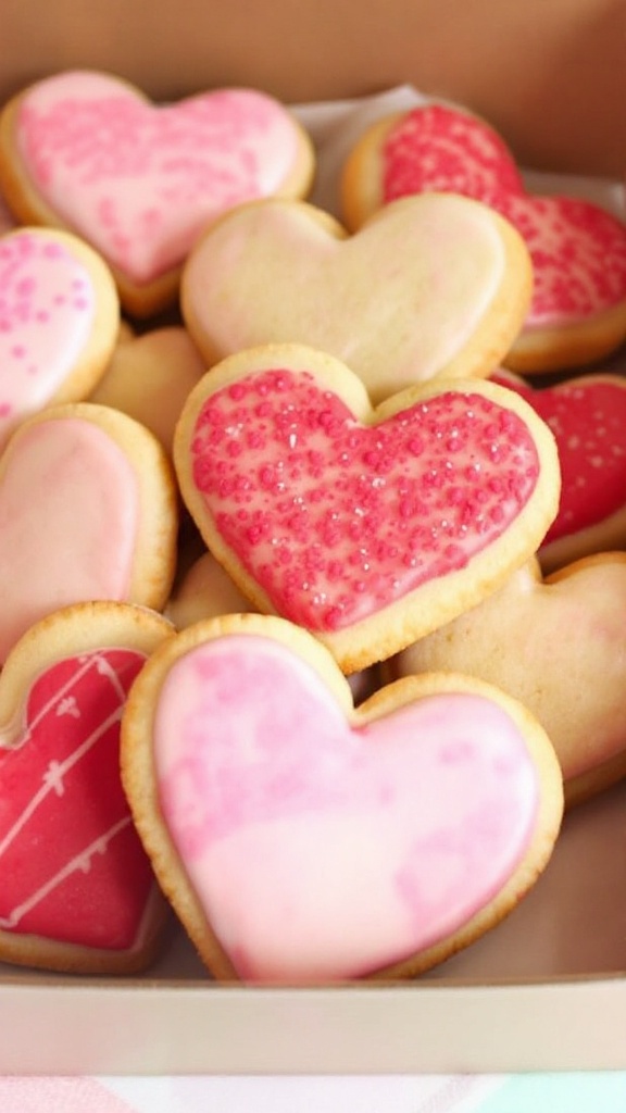 A variety of heart-shaped sugar cookies decorated with pink and red icing, sprinkles, and candy canes on a gray background.