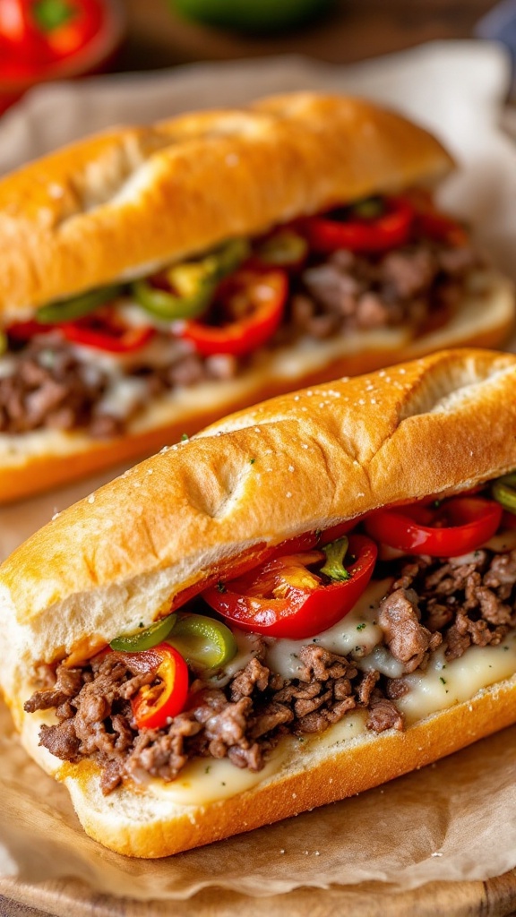 Delicious Italian beef sandwiches with peppers on a wooden platter.