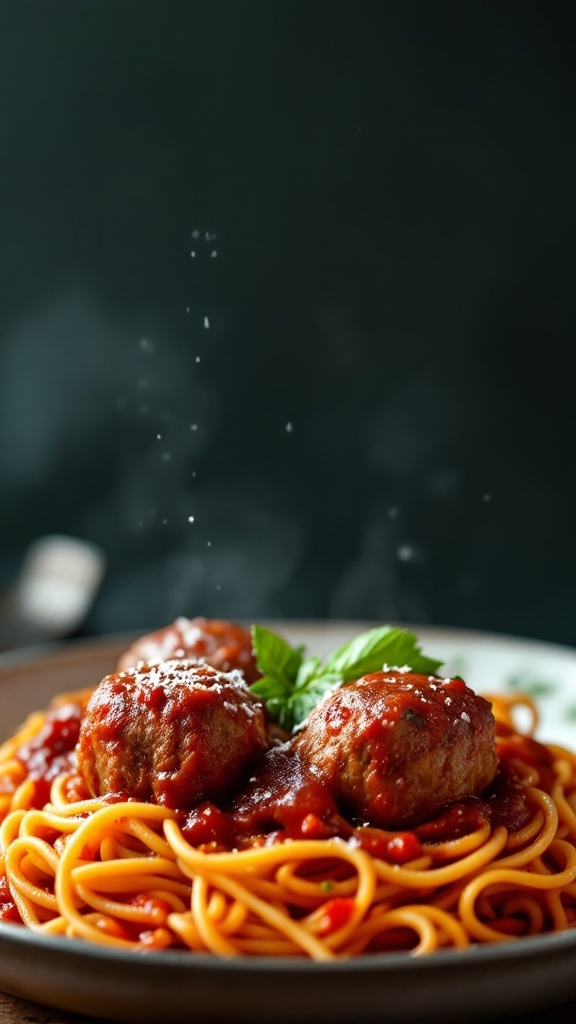 A plate of spaghetti topped with Italian meatballs and marinara sauce, garnished with fresh herbs.