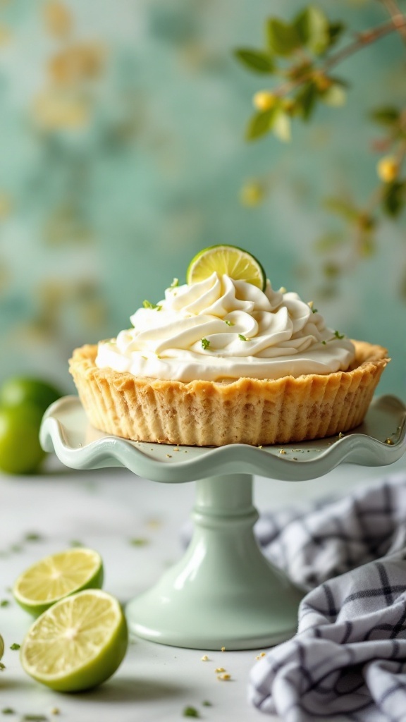 A delicious key lime pie topped with whipped cream and a slice of lime.