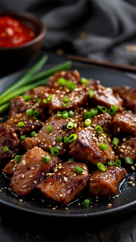 Plate of Korean Beef Bulgogi garnished with green onions and sesame seeds