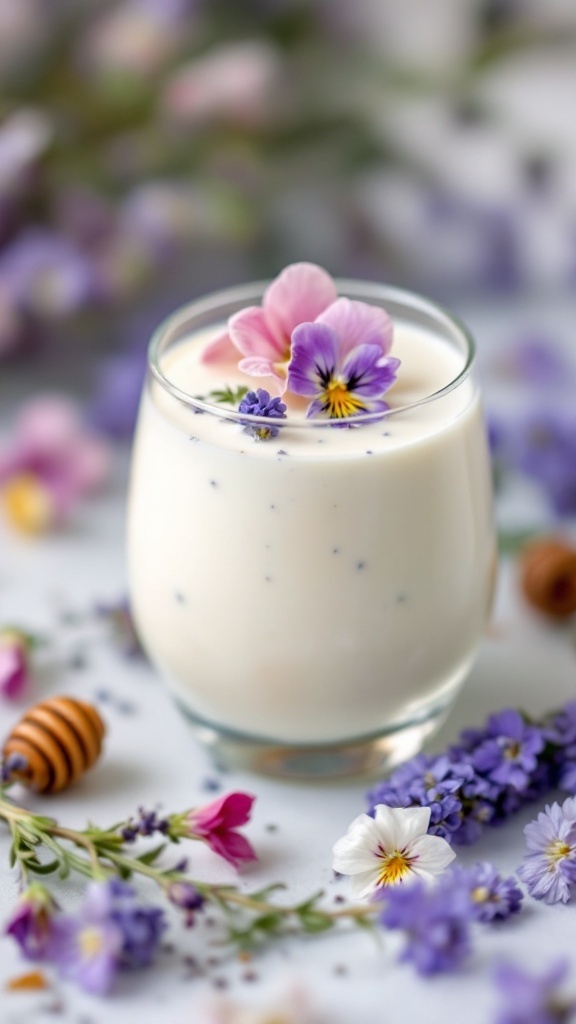 A creamy lavender honey panna cotta garnished with colorful edible flowers and honey, set against a backdrop of fresh flowers.