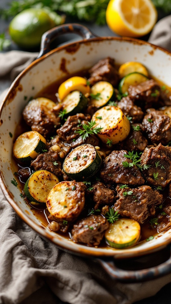 A dish of lemon garlic beef with zucchini in a rustic bowl, garnished with herbs and lemon slices.