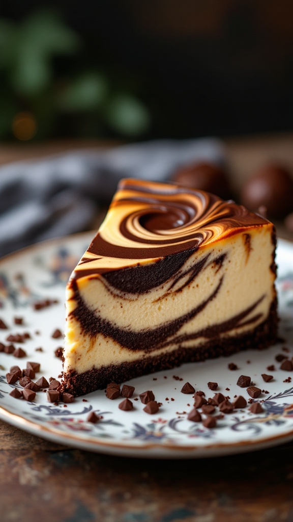 Marble swirl cheesecake on a floral plate