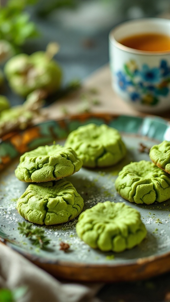 A plate of matcha green tea cookies with a cup of tea in the background