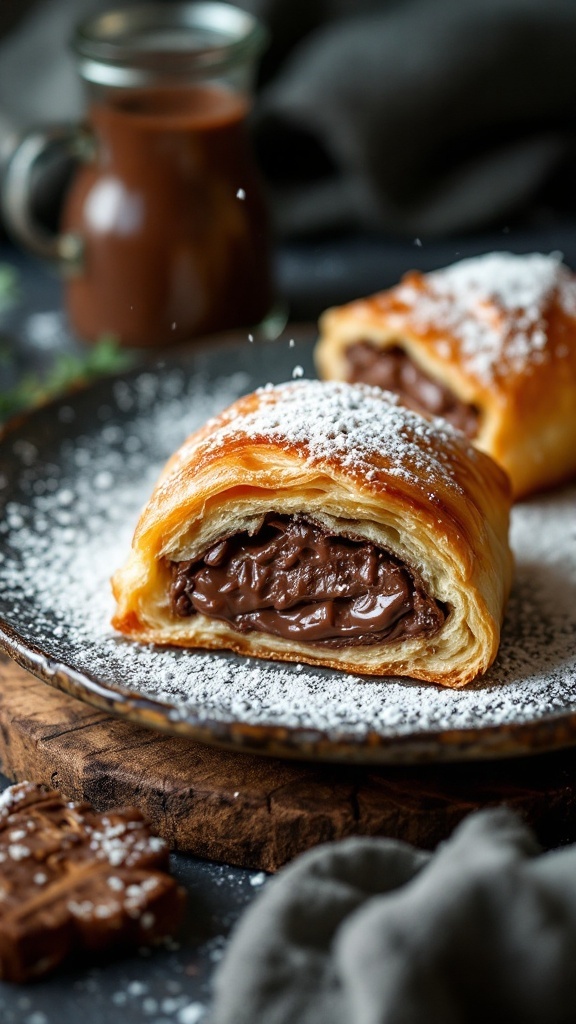 Delicious Nutella stuffed puff pastry on a plate with powdered sugar