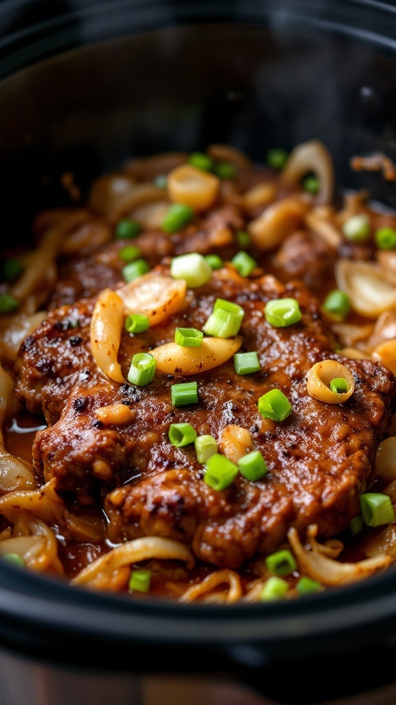 A close-up of pepper steak with onions cooked in a slow cooker, garnished with green onions.