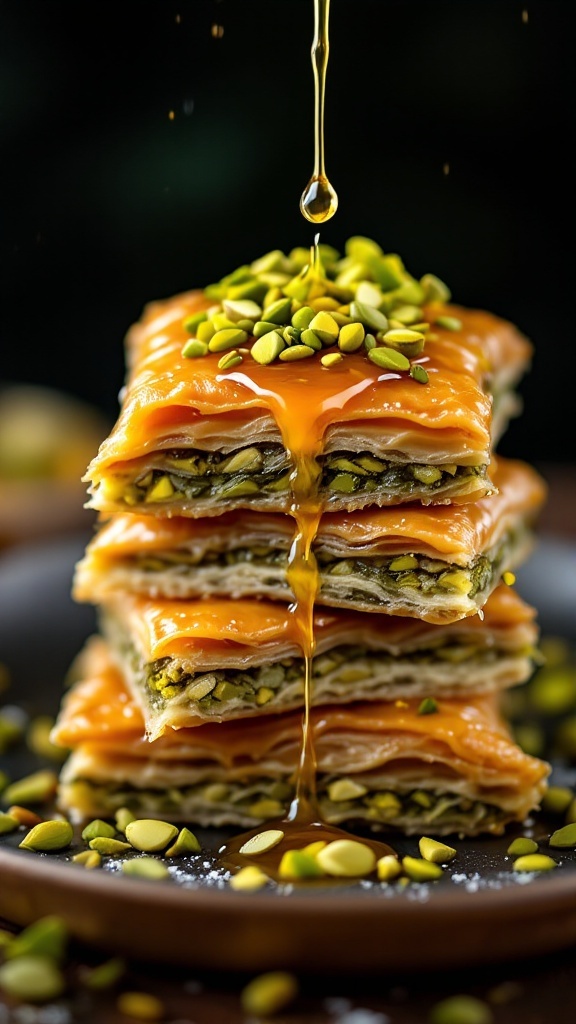 A stack of pistachio baklava drizzled with honey and topped with crushed pistachios.