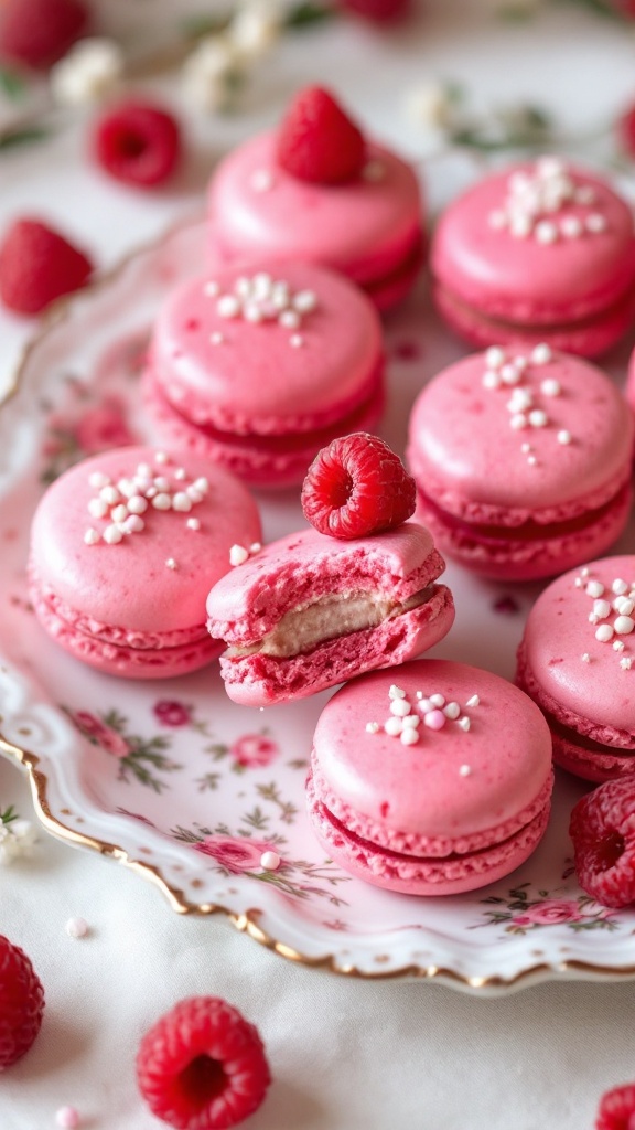 Colorful raspberry macarons on a decorative plate with berries and flowers