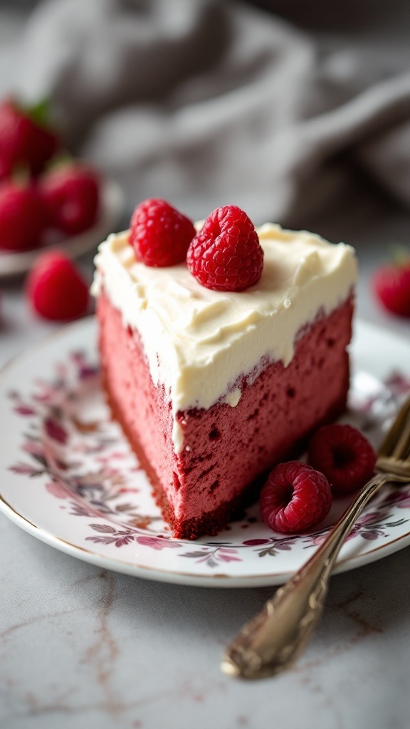 A slice of red velvet cheesecake topped with cream cheese frosting and raspberries on a floral plate.