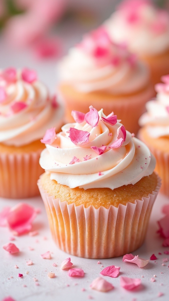 Delicious rosewater cupcakes decorated with rose petals and creamy frosting.