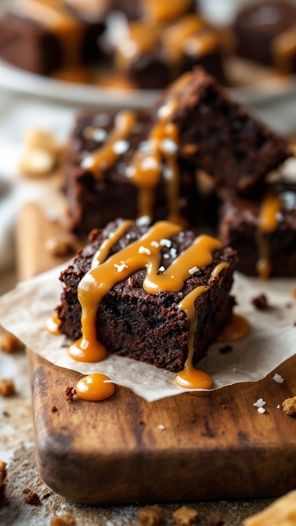 Delicious salted caramel brownies drizzled with caramel on a wooden board.