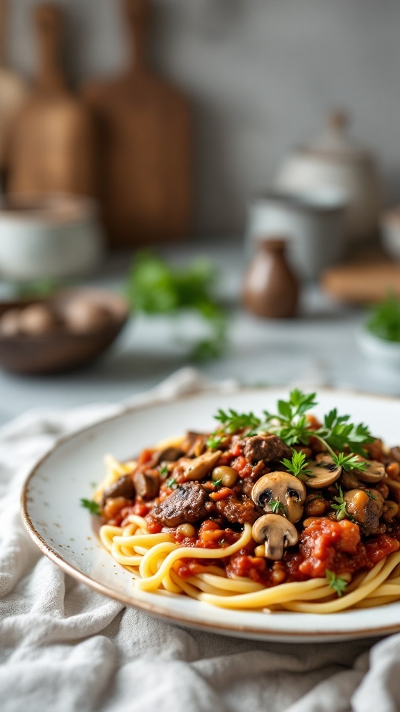 A plate of spaghetti topped with beef and mushroom ragu, garnished with parsley.