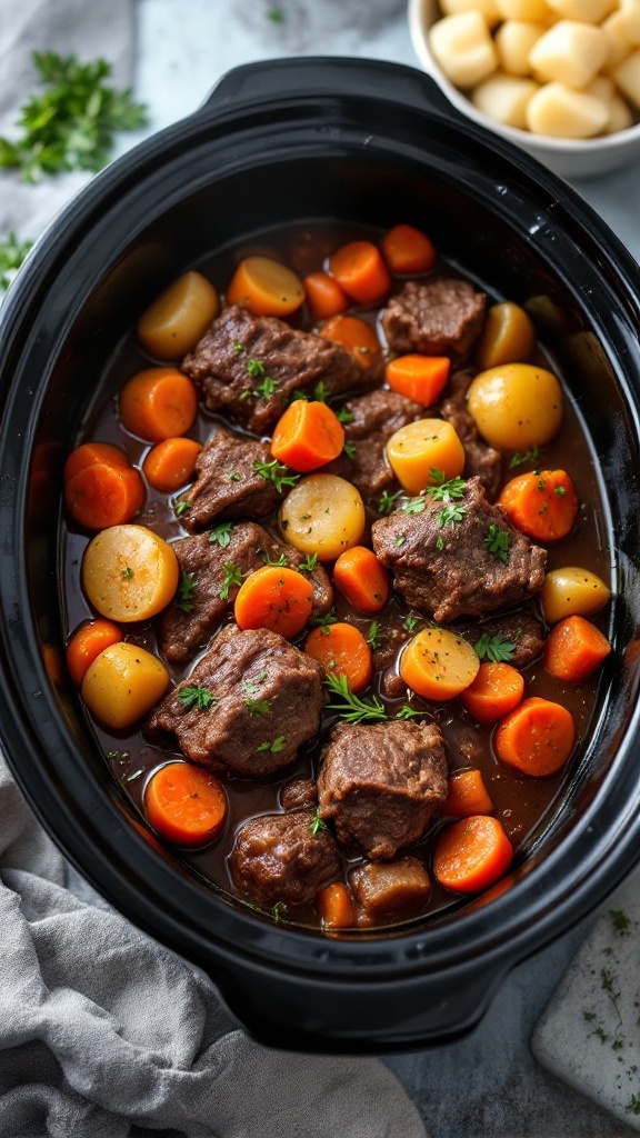 A delicious beef stew with root vegetables in a slow cooker.