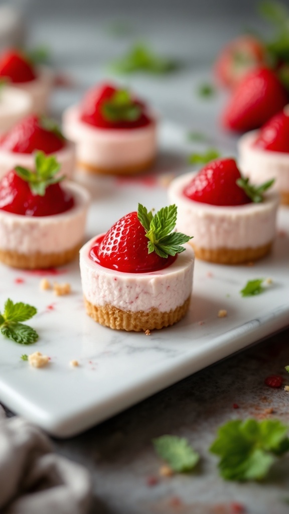 Delicious strawberry cheesecake bites on a white platter with fresh mint leaves.