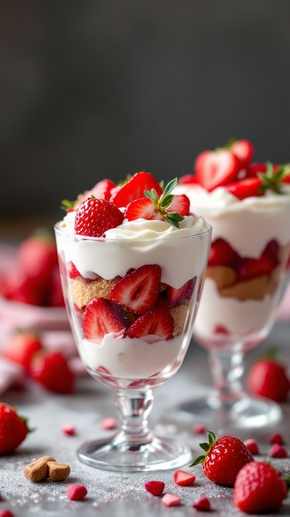 Strawberry shortcake parfaits in glass cups with fresh strawberries