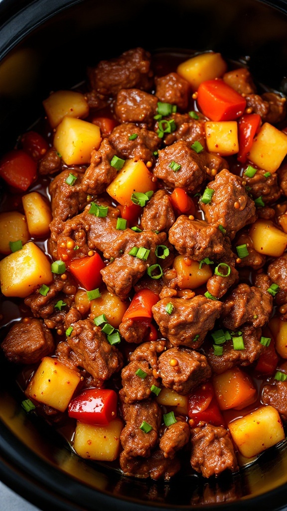 A close-up of sweet and sour beef with pineapple, featuring chunks of beef, pineapple, and colorful bell peppers in a rich sauce.