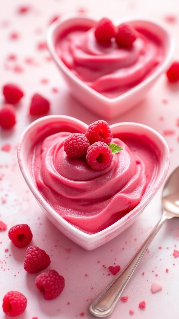 Heart-shaped bowls of raspberry sorbet topped with fresh raspberries