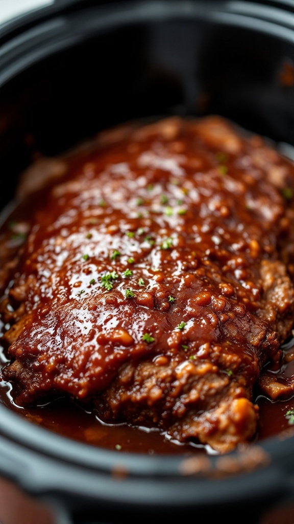 Tender beef brisket covered in barbecue sauce in a slow cooker