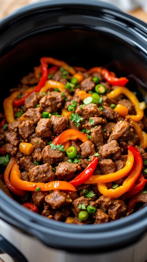 A close-up of teriyaki beef with colorful bell peppers in a slow cooker.