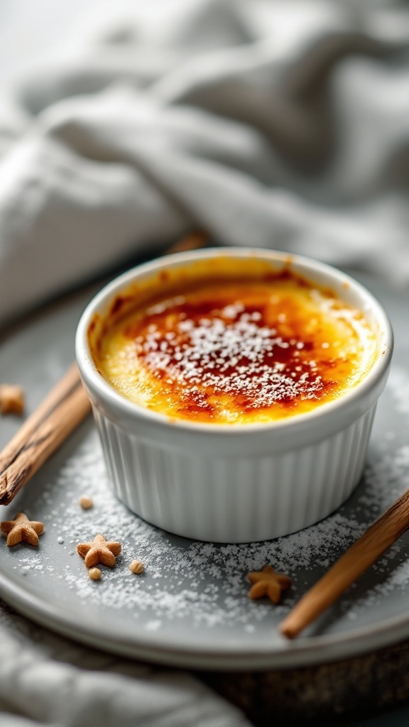 A dish of vanilla bean crème brûlée topped with caramelized sugar, cinnamon sticks, and decorative stars.