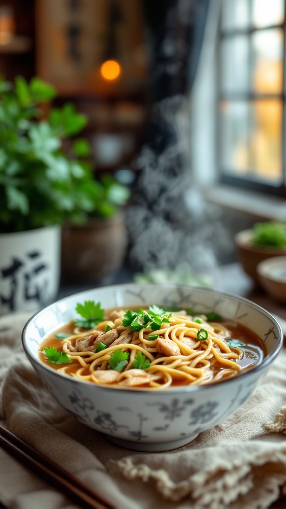 A bowl of Asian-inspired chicken noodle soup with noodles, chicken, and herbs.