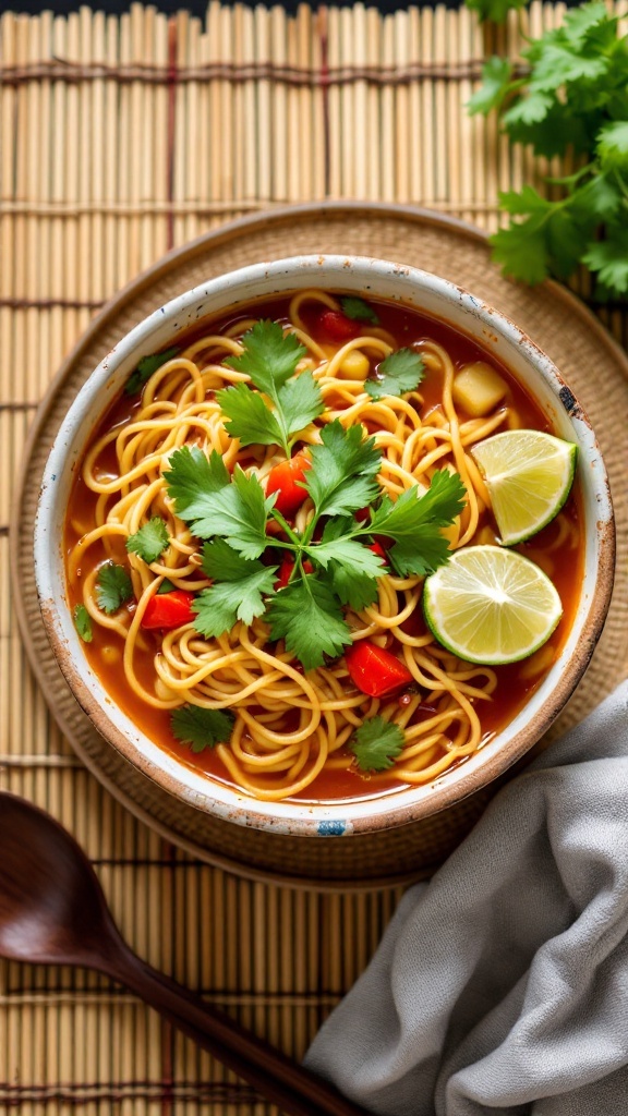 A bowl of Asian-inspired vegetable noodle soup topped with fresh herbs and lime slices.