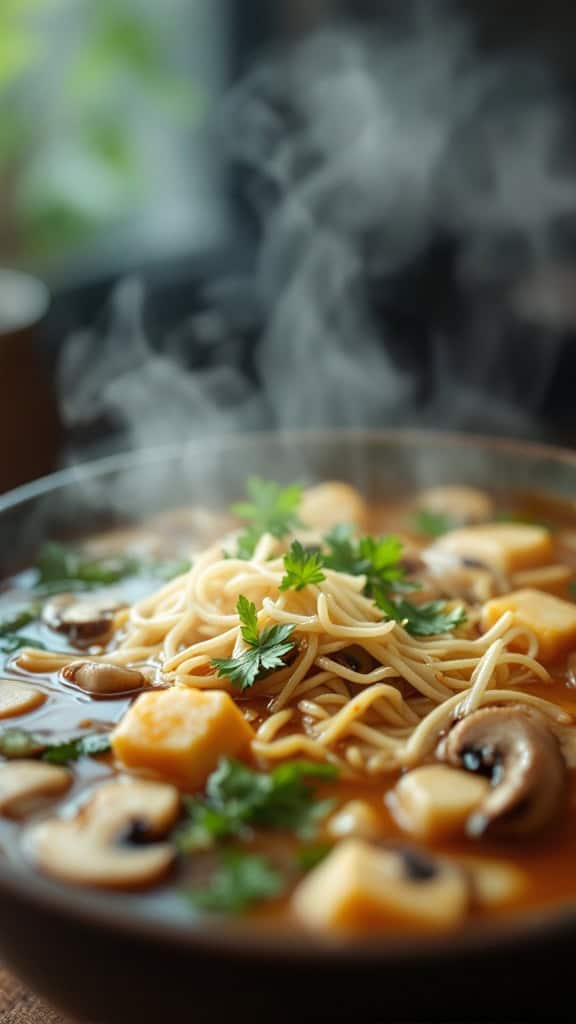 A steaming bowl of Asian-style hot and sour soup with noodles, mushrooms, and herbs.