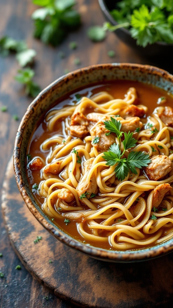 A bowl of balsamic chicken noodle soup with chicken pieces and noodles topped with fresh herbs.